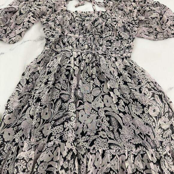 Anthropologie Puff Sleeve Midi Dress Size S Purple Black Sheer Peasant Ruffle - Picture 3 of 10